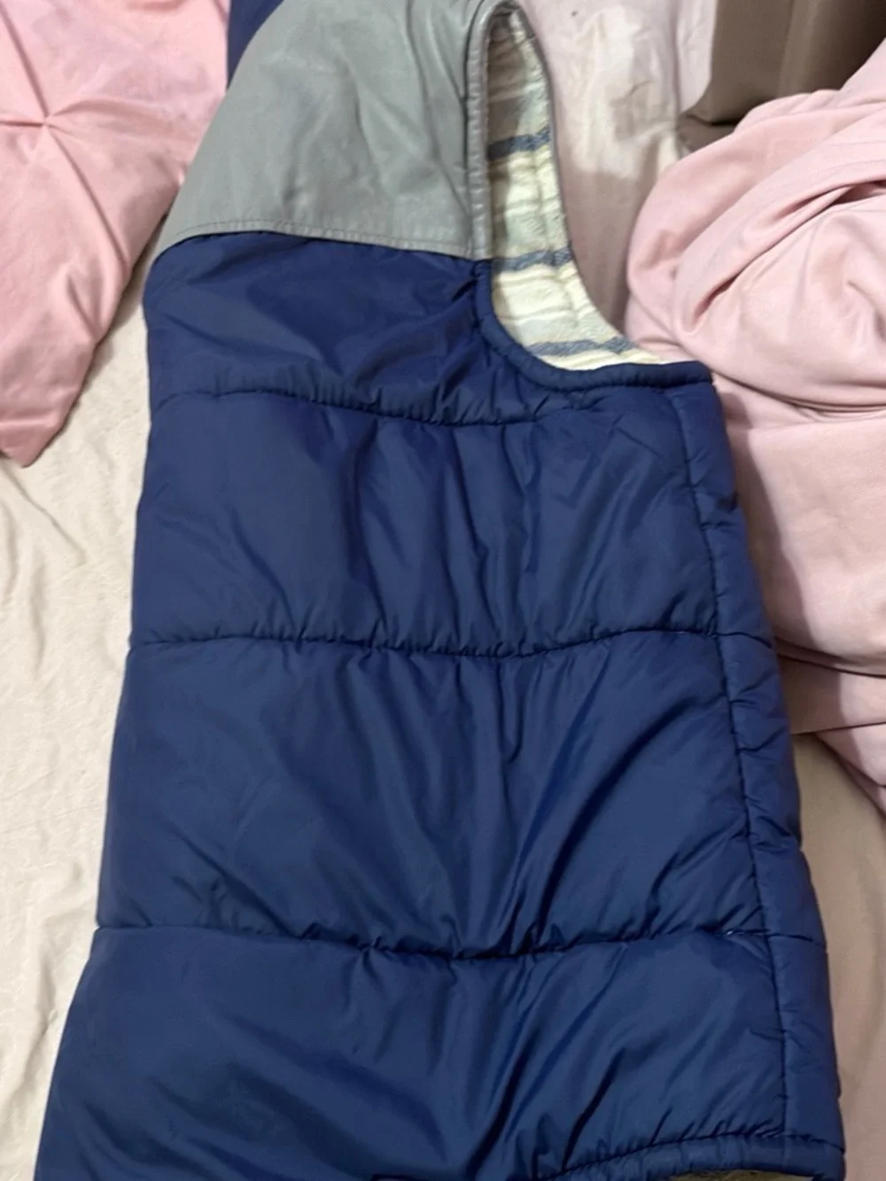 True Religion Navy Puffer with Gray Hood Trim
